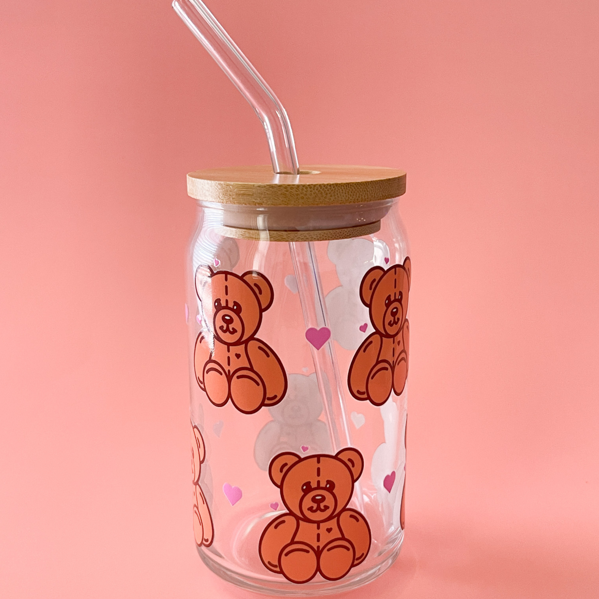 Teddy Bear Can Glass Cup w/Lid & Straw