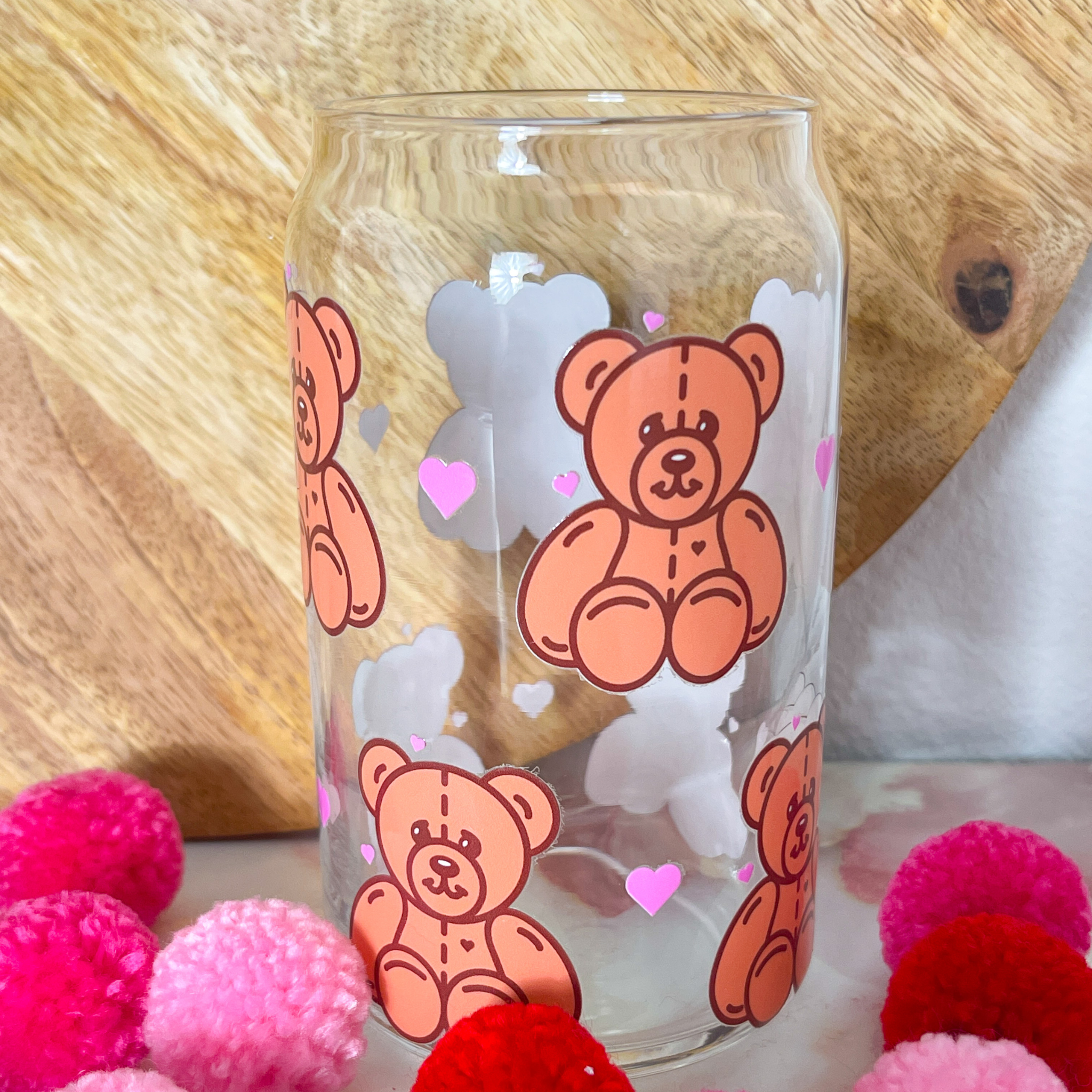 Teddy Bear Can Glass Cup w/Lid & Straw