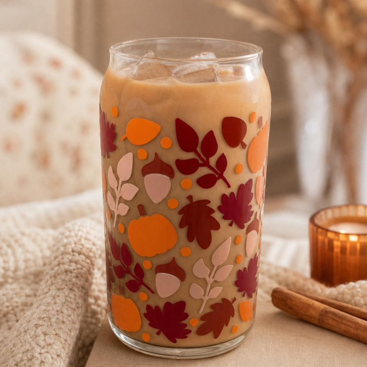 Fall Leaves Can Glass Cup