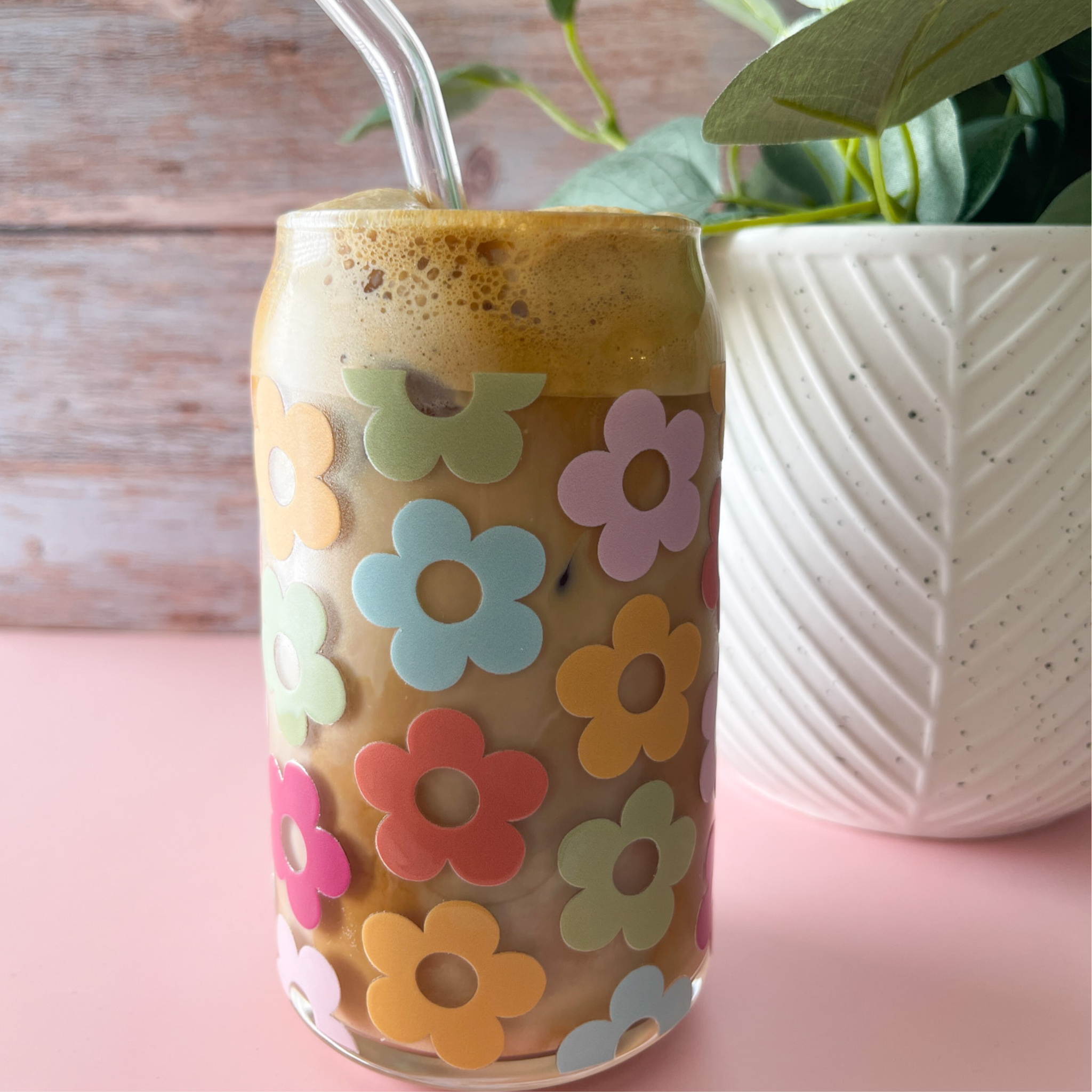 Daisy Can Glass Cup w/ Lid & Straw