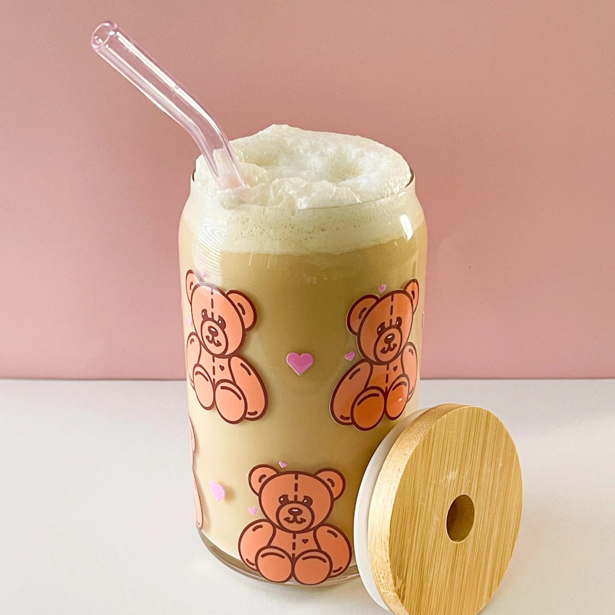 Teddy Bear Can Glass Cup w/Lid & Straw