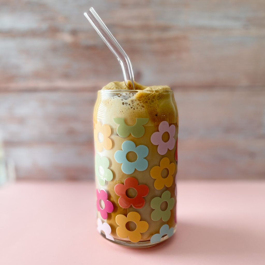Daisy Can Glass Cup w/ Lid & Straw