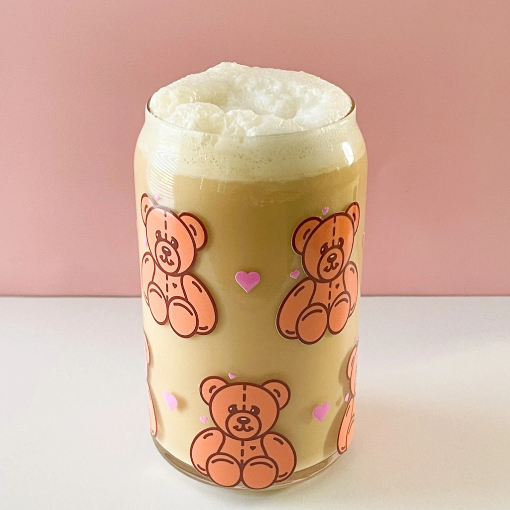 Teddy Bear Can Glass Cup w/Lid & Straw
