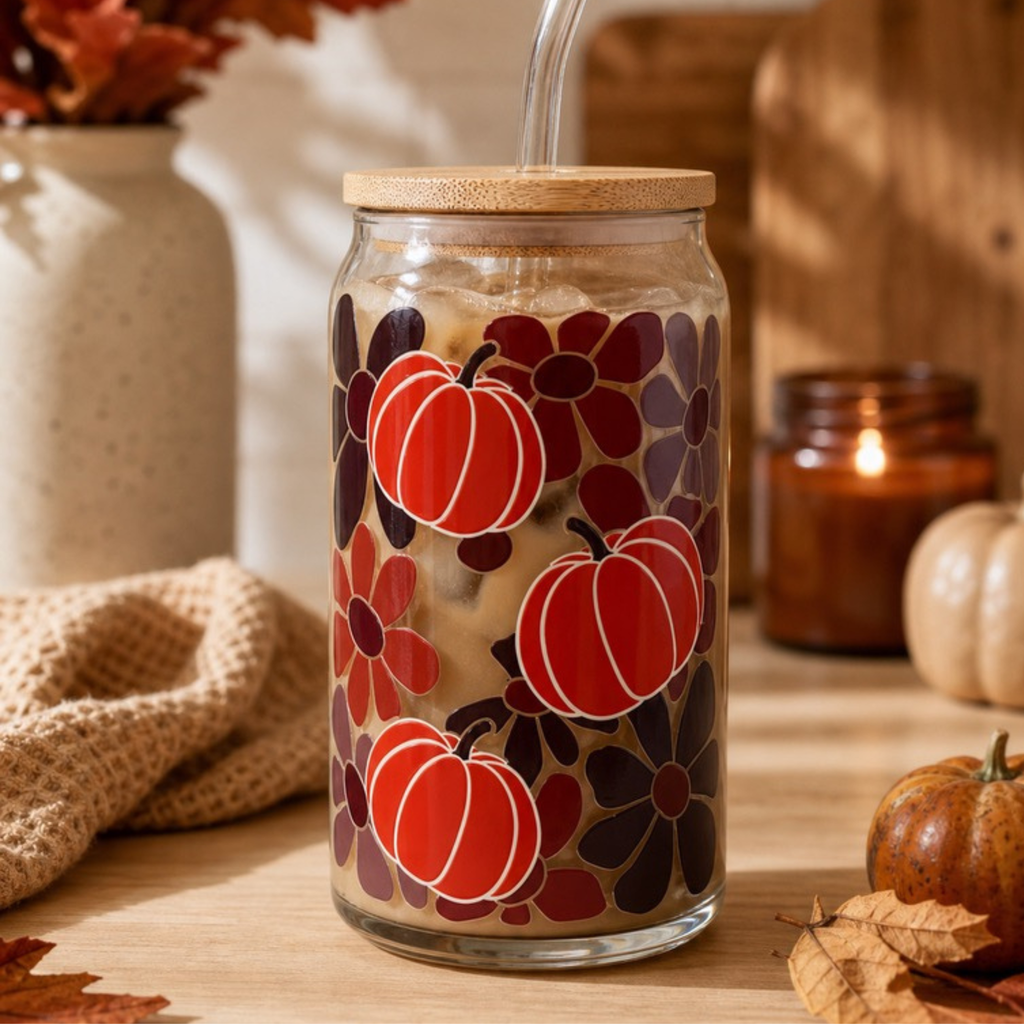 Autumn Pumpkin Flower Can Glass Cup